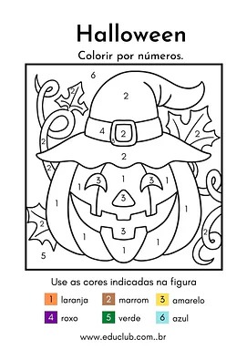 Colorir por números desenhos do Halloween para 2º Ano, 1º Ano de Datas Comemorativas, Números, Atenção e Concentração, Mat...