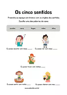 Atividade órgãos dos sentidos para 1º Ano de Ciências, Cinco sentidos - Material educacional