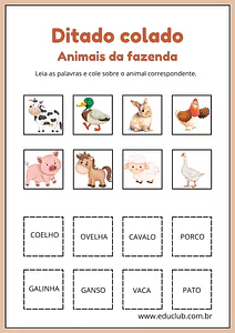 Ditado colado com animais da fazenda