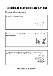 100 problemas de multiplicação para 3º ano