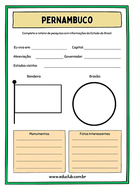 Atividade sobre Pernambuco para 5º Ano, 4º Ano de Geografia, Recursos Educativos, Roteiro de pesquisa, Brasil - Material e...