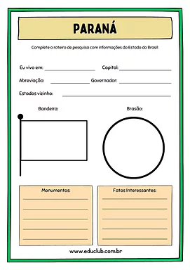 Atividade sobre Paraná para 5º Ano, 4º Ano de Geografia, Recursos Educativos, Roteiro de pesquisa, Brasil - Material educa...