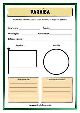 Atividade sobre a Paraíba para 5º Ano, 4º Ano de Geografia, Recursos Educativos, Roteiro de pesquisa, Brasil - Material ed...
