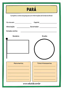 Atividade sobre o Pará para 5º Ano, 4º Ano de Geografia, Recursos Educativos, Roteiro de pesquisa, Brasil - Material educa...