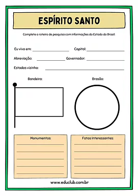 Atividade sobre o Espírito Santo para 5º Ano, 4º Ano de Geografia, Recursos Educativos, Roteiro de pesquisa, Brasil - Mate...