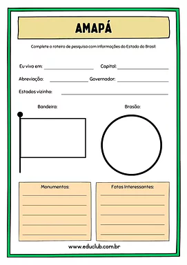Atividade sobre Amapá para 5º Ano, 4º Ano de Geografia, Recursos Educativos, Roteiro de pesquisa, Brasil - Material educac...