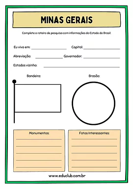 Atividade sobre Minas Gerais para 5º Ano, 4º Ano de Geografia, Recursos Educativos, Roteiro de pesquisa, Brasil - Material...