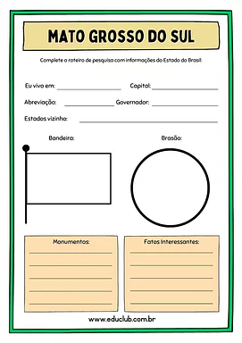 Atividade sobre Mato Grosso do Sul para 5º Ano, 4º Ano de Geografia, Recursos Educativos, Roteiro de pesquisa, Brasil - Ma...