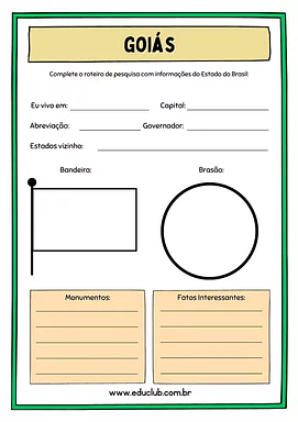 Atividade sobre Goiás para 5º Ano, 4º Ano de Geografia, Recursos Educativos, Roteiro de pesquisa, Brasil - Material educac...