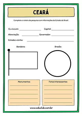 Atividade sobre o Ceará para 5º Ano, 4º Ano de Geografia, Recursos Educativos, Roteiro de pesquisa, Brasil - Material educ...