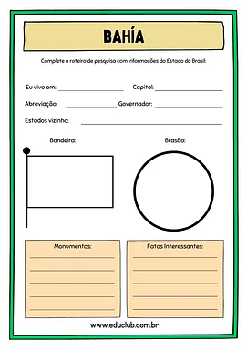 Atividade sobre Bahía para 5º Ano, 4º Ano de Geografia, Recursos Educativos, Roteiro de pesquisa, Brasil - Material educac...