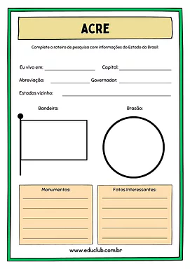 Atividade sobre o Acre para 5º Ano, 4º Ano de Geografia, Recursos Educativos, Roteiro de pesquisa, Brasil - Material educa...