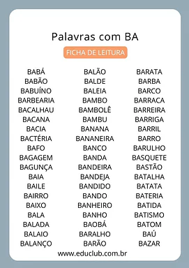 Palavras com BA BE BI BO BU para 2º Ano, 1º Ano de Língua Portuguesa, Sílabas - Material educacional
