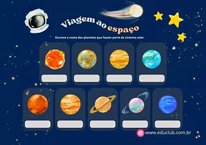 Complete com os nomes dos planetas e do Sol