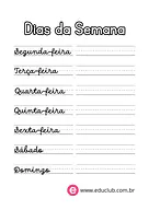 Atividade de escrita dos dias da semana para 1º Ano de Ciências, Calendário - Material educacional