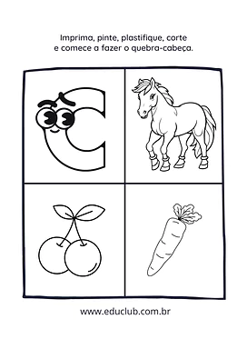 Quebra-cabeça letra C para Creche, Pré-Escola de Língua Portuguesa, Alfabeto, Alfabetização - Material educacional
