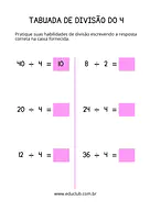 Tabuada de divisão do 4 Tabuada de divisão do 4 para 5º Ano, 4º Ano, 3º Ano, 2º Ano de Operações básicas, Matemática, Tabuada - Material educacional