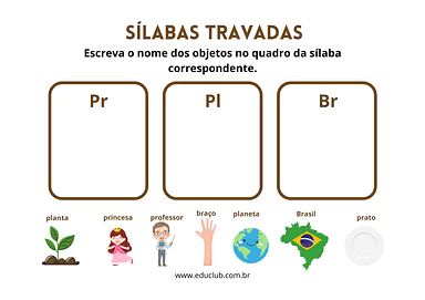 Atividade com sílabas travadas pr pl br para 2º Ano, 1º Ano de Língua Portuguesa, Sílabas - Material educacional